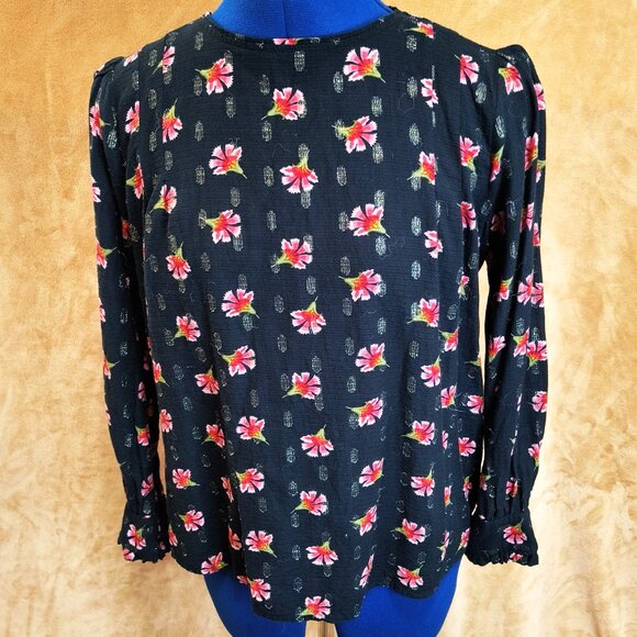 Loft Black Floral Knit Long Sleeve Blouse SP Petite With Sparkles - Picture 5 of 13